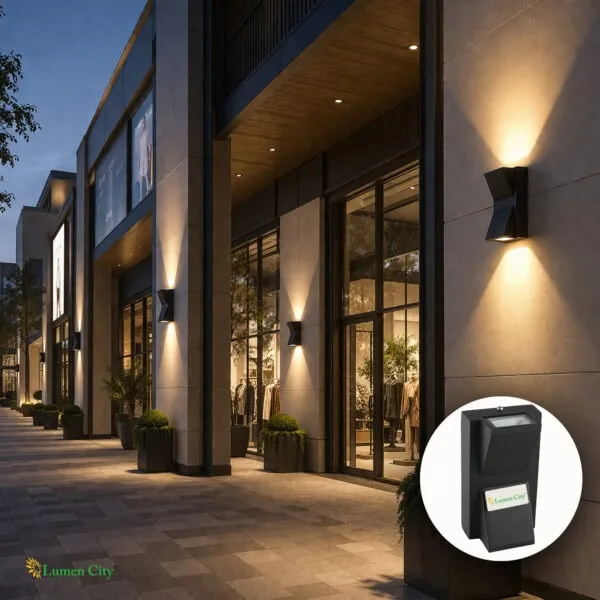 LED outdoor wall lights illuminating the modern building exterior at dusk, enhancing security and ae.