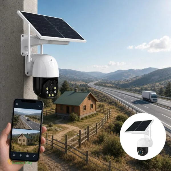 Solar-powered security camera with solar panel installed outdoors in a rural area.