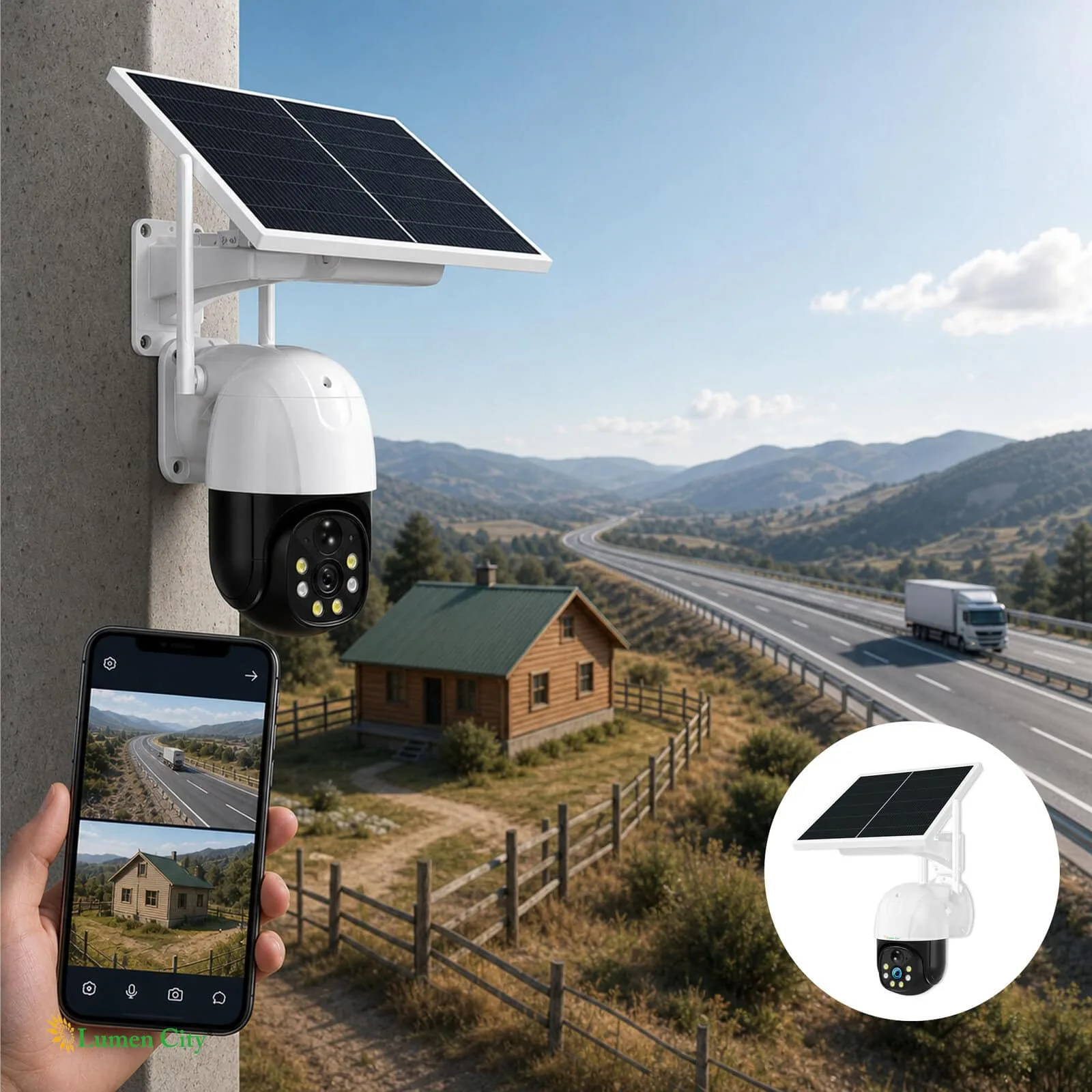 Solar-powered security camera with solar panel installed outdoors in a rural area.
