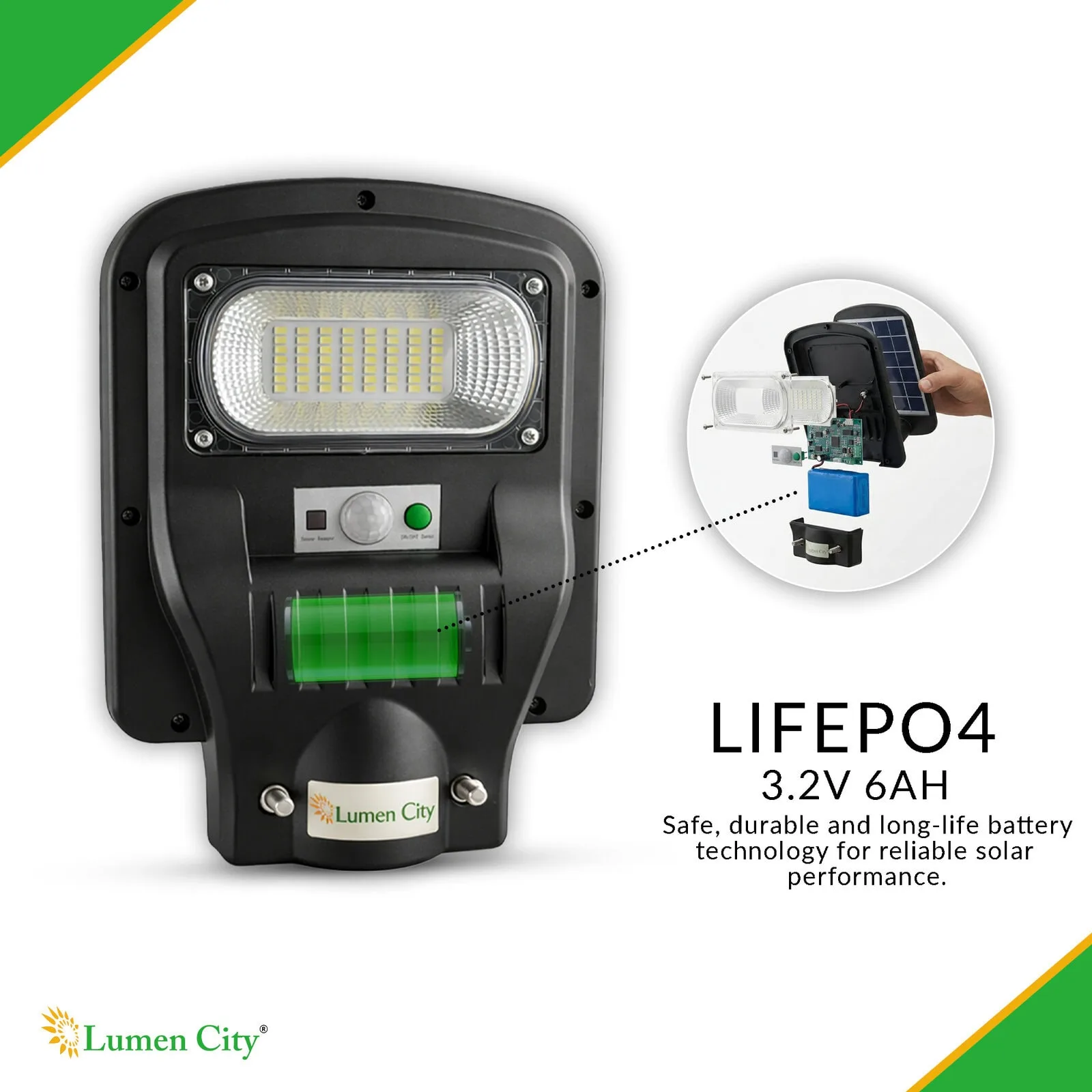 Lumencity solar-powered LED street light with battery backup and solar panel.
