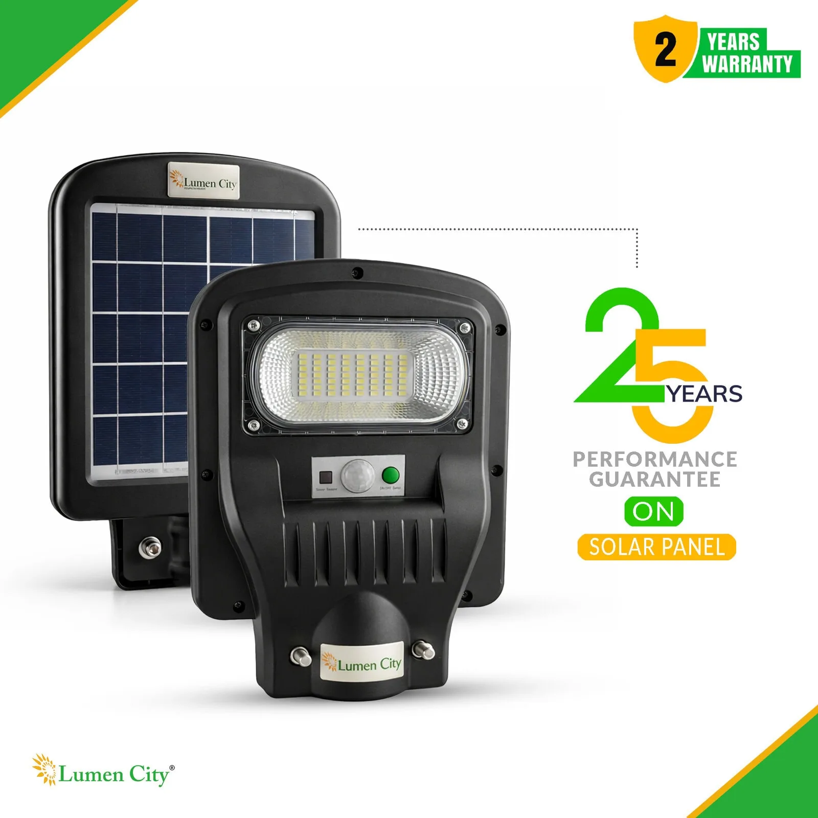Bright solar-powered LED outdoor light with solar panel and 2-year warranty for energy-efficient ill.