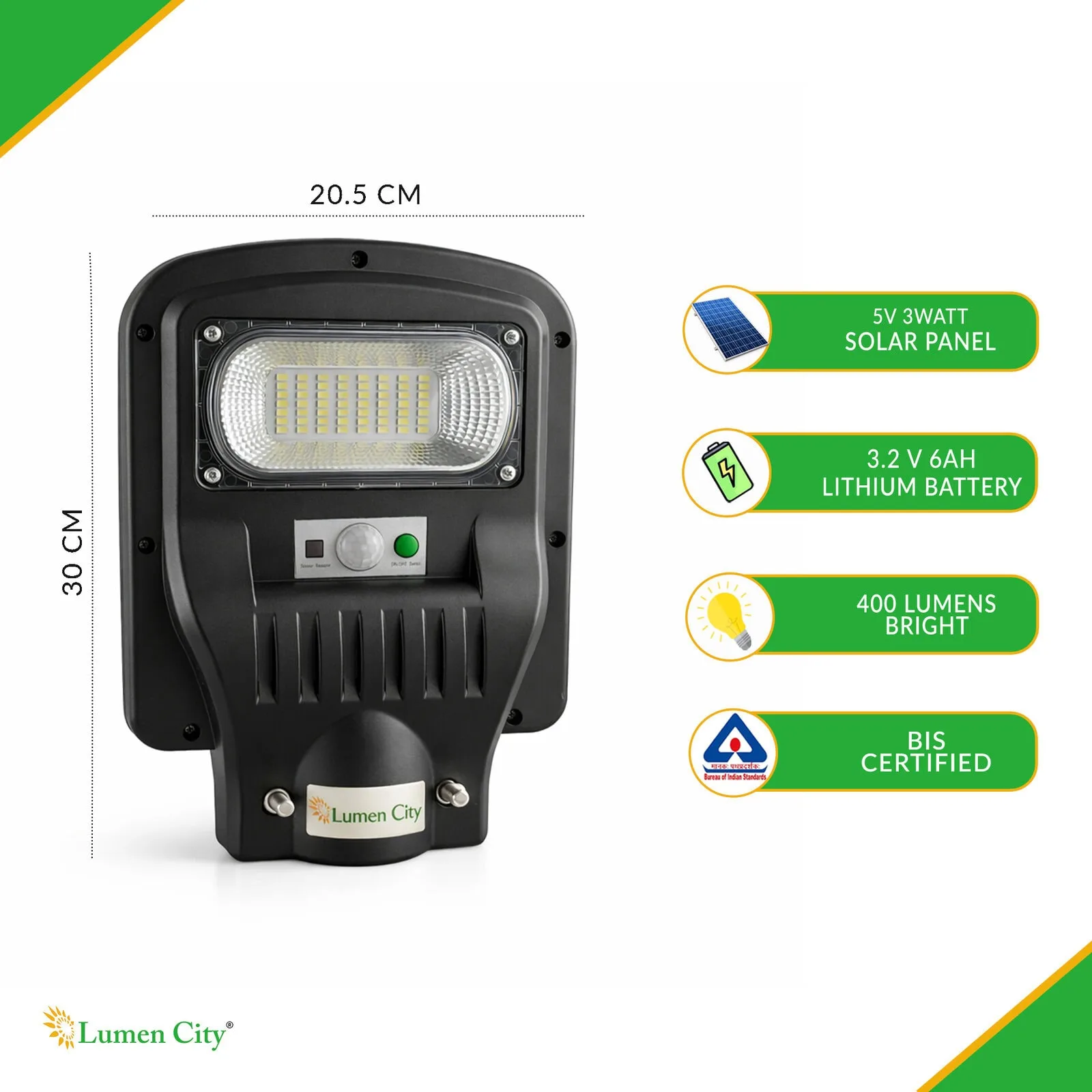 Solar LED flood light with lithium battery, 400 lumens brightness, BIS certified.