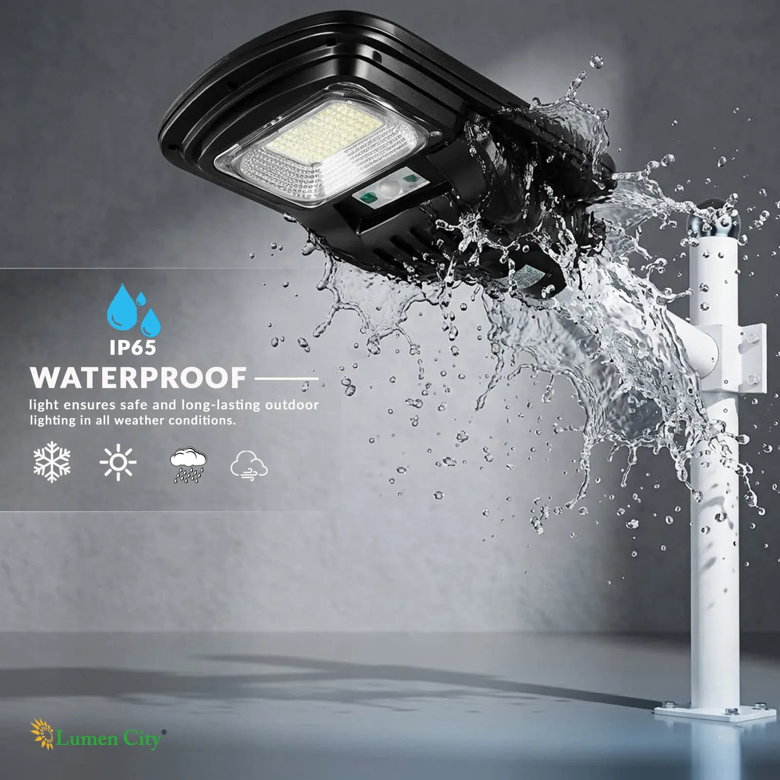 Waterproof LED floodlight with IP65 rating for durable outdoor lighting in all weather conditions.