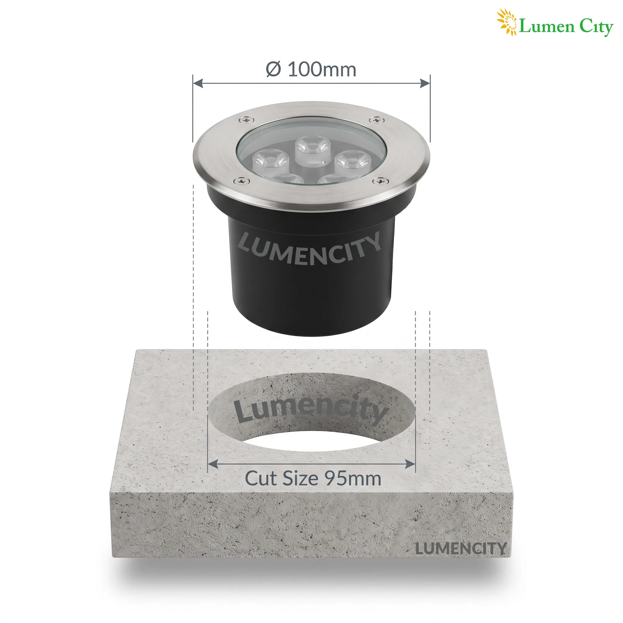 3 Watt burial light Size with logo
