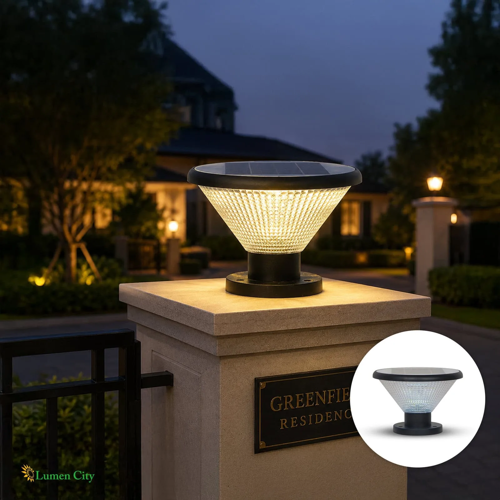 LED solar garden lamp on a stone pedestal at dusk, illuminating outdoor space with eco-friendly ligh.