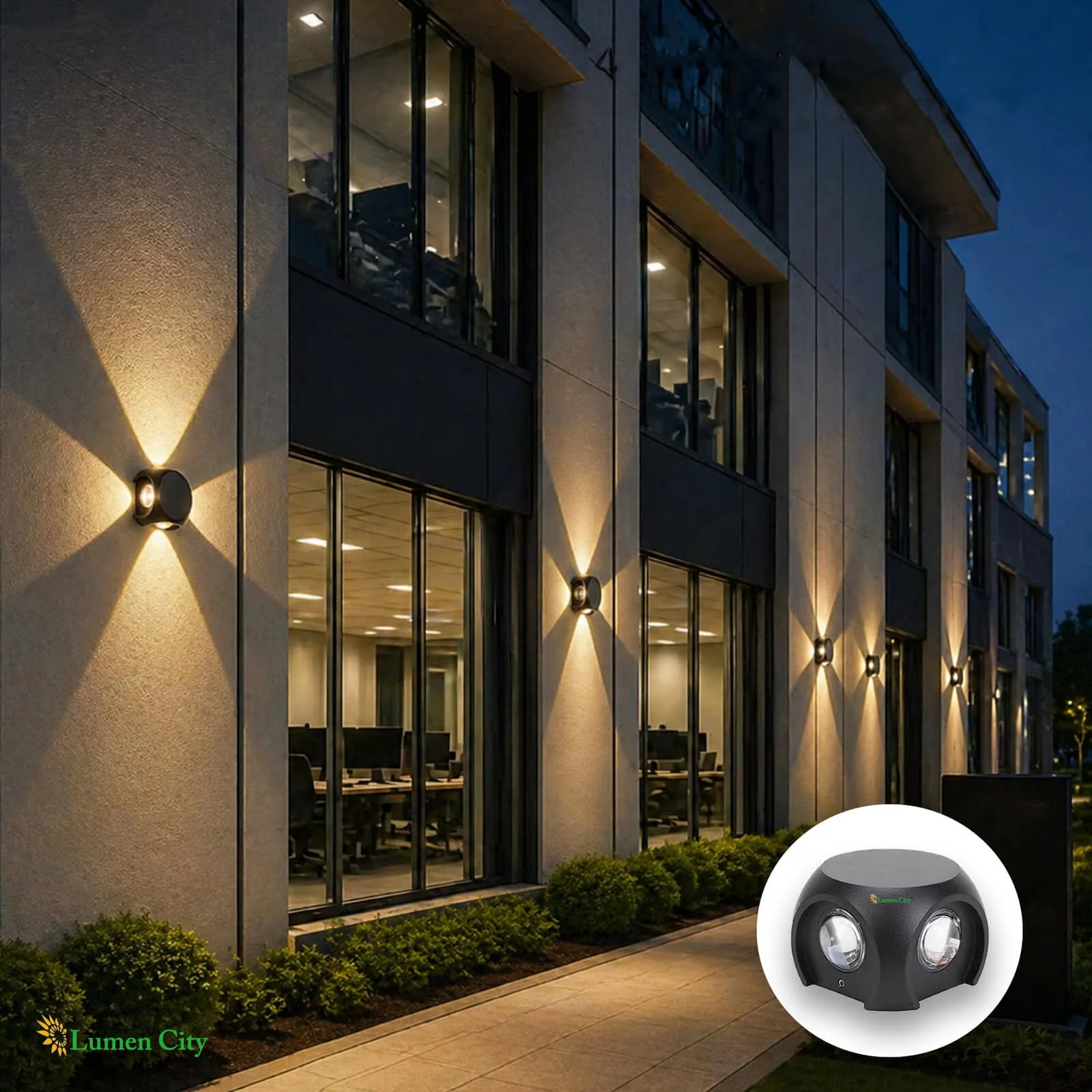 Bright modern office building illuminated with exterior wall lights at dusk, showcasing contemporary.