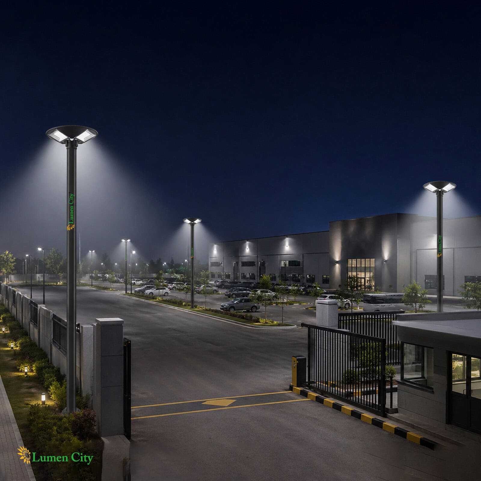 Bright LED streetlights illuminating the parking lot at Lumencity shopping center at night.