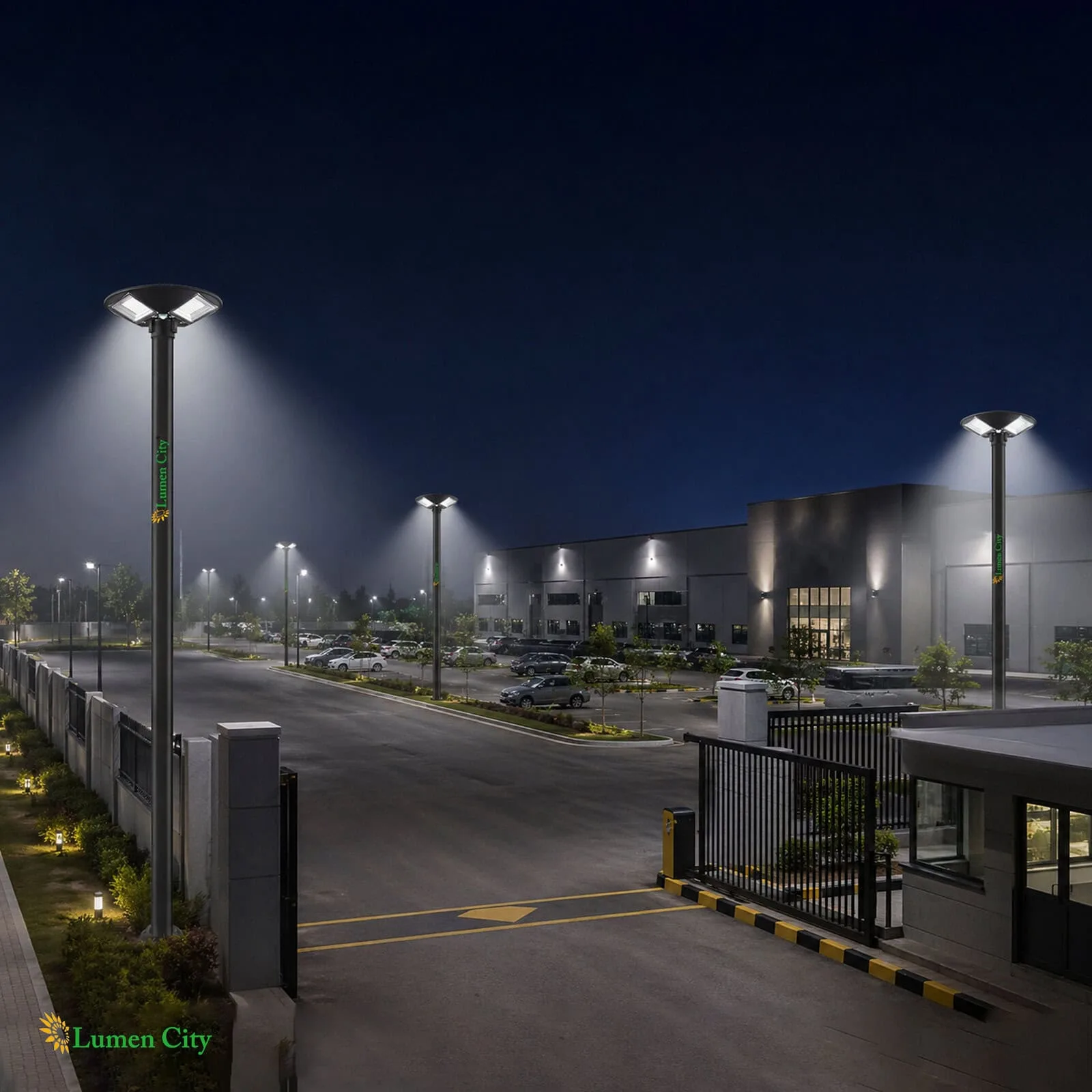 Bright LED streetlights illuminating the parking lot at Lumencity shopping center at night.