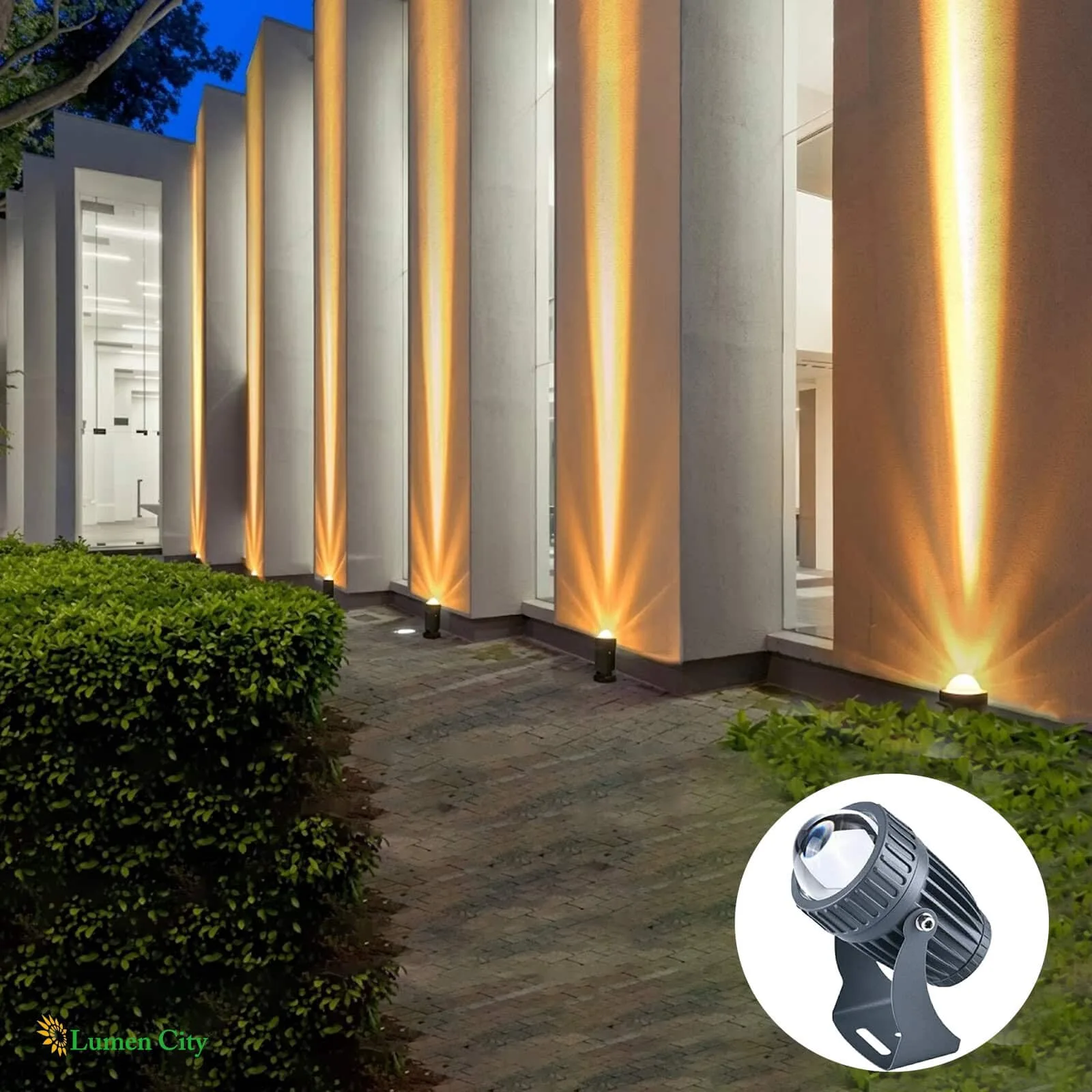 Energy-efficient outdoor LED lighting illuminating modern architectural columns at night.