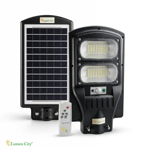 Bright solar-powered LED street light with remote control and solar panel for energy-efficient outdo.