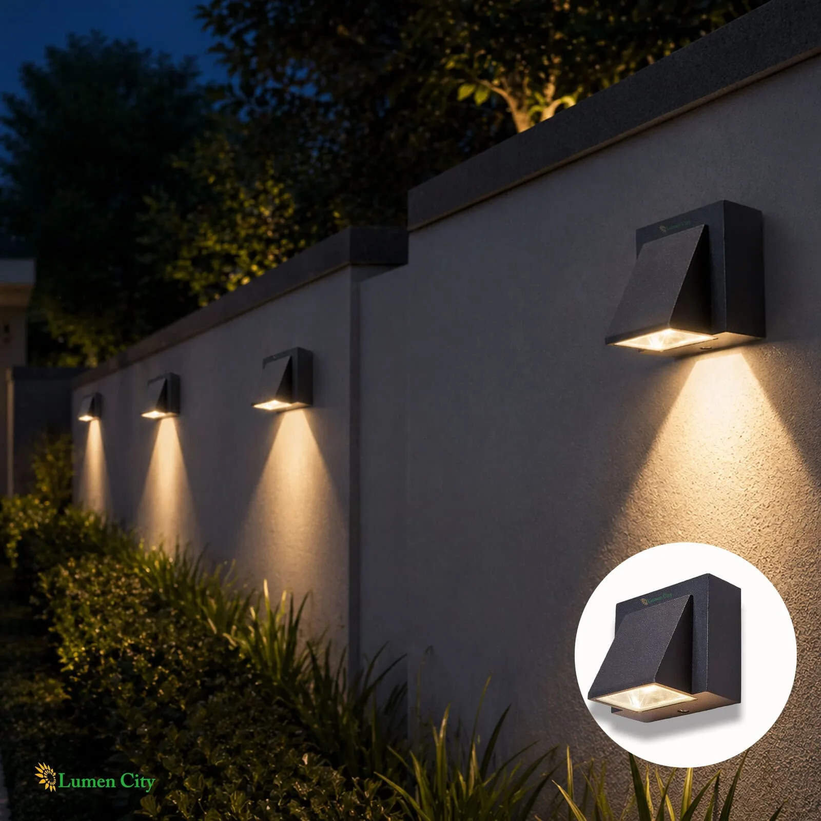 LED outdoor wall lights illuminating a modern exterior wall at night, enhancing security and aesthet.