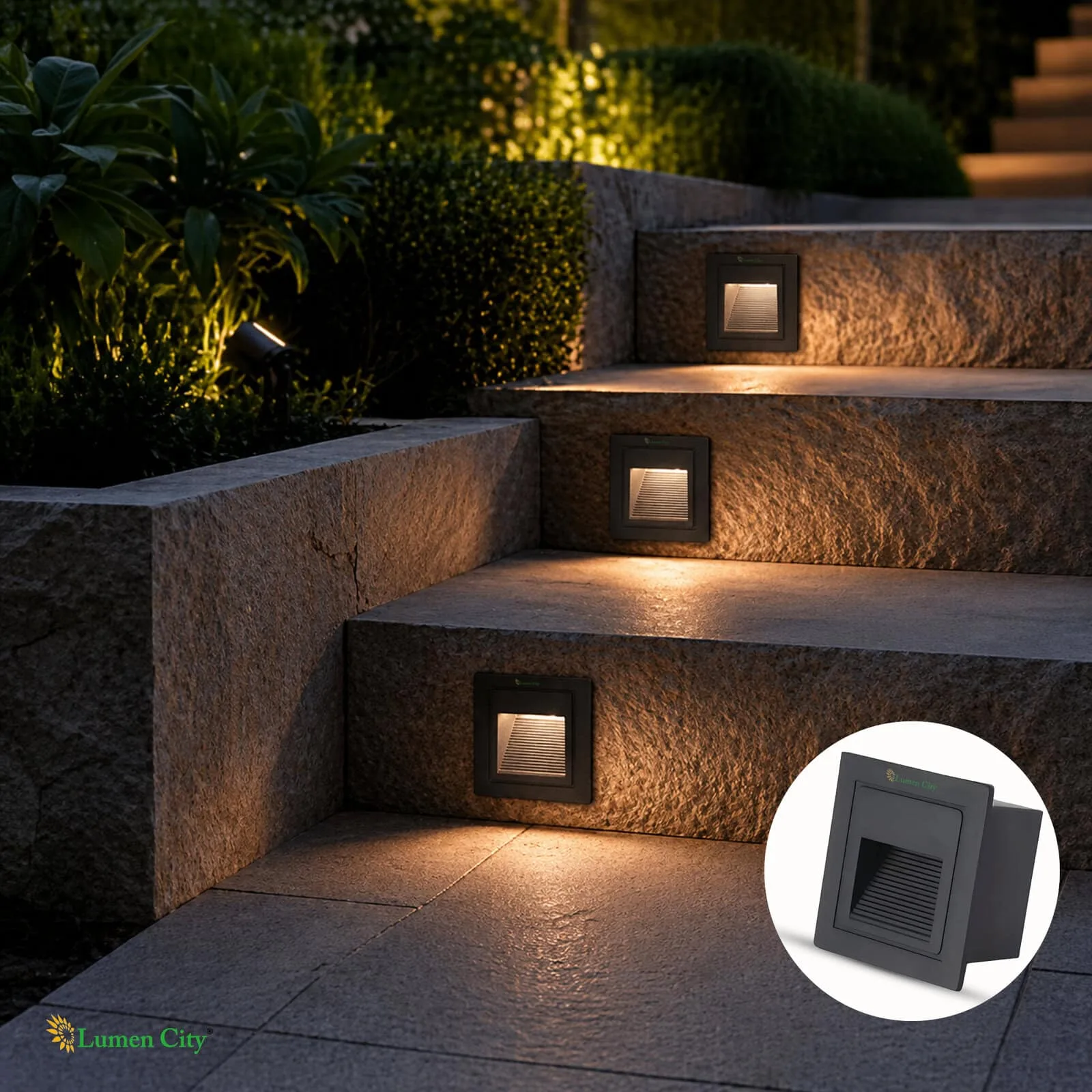 LED step lights illuminating outdoor stone stairs for pathway lighting and landscape enhancement.