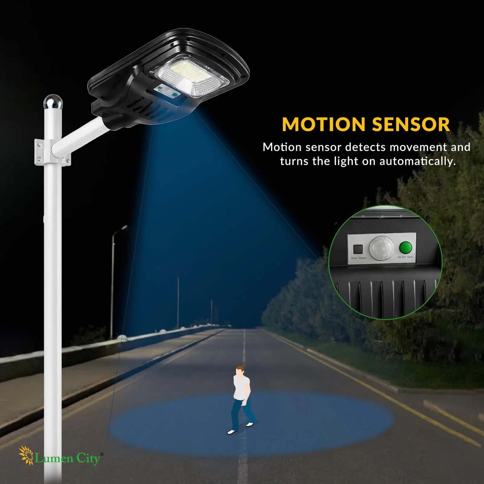 Motion sensor LED street light with automatic activation for outdoor lighting.