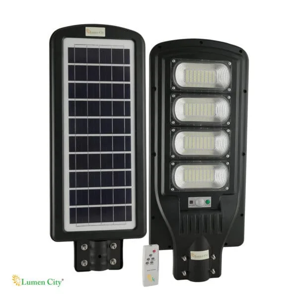 Solar-powered LED street light with remote control for outdoor illumination.