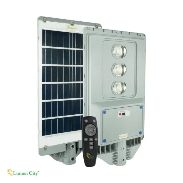 Solar-powered LED street light with remote control and solar panel for energy efficiency.