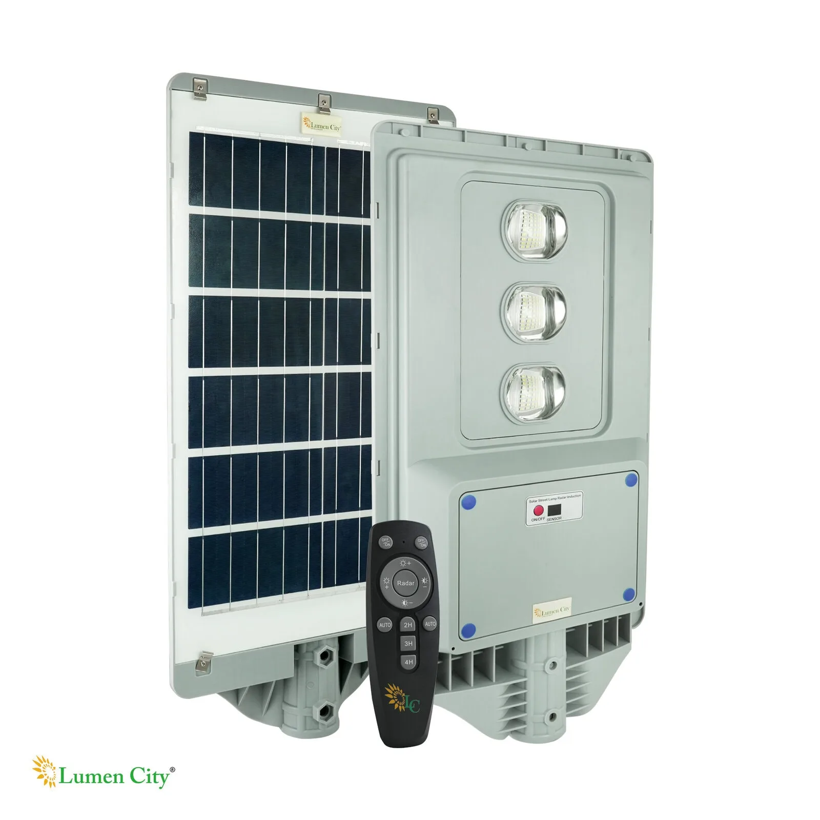 Solar-powered LED street light with remote control and solar panel for energy efficiency.