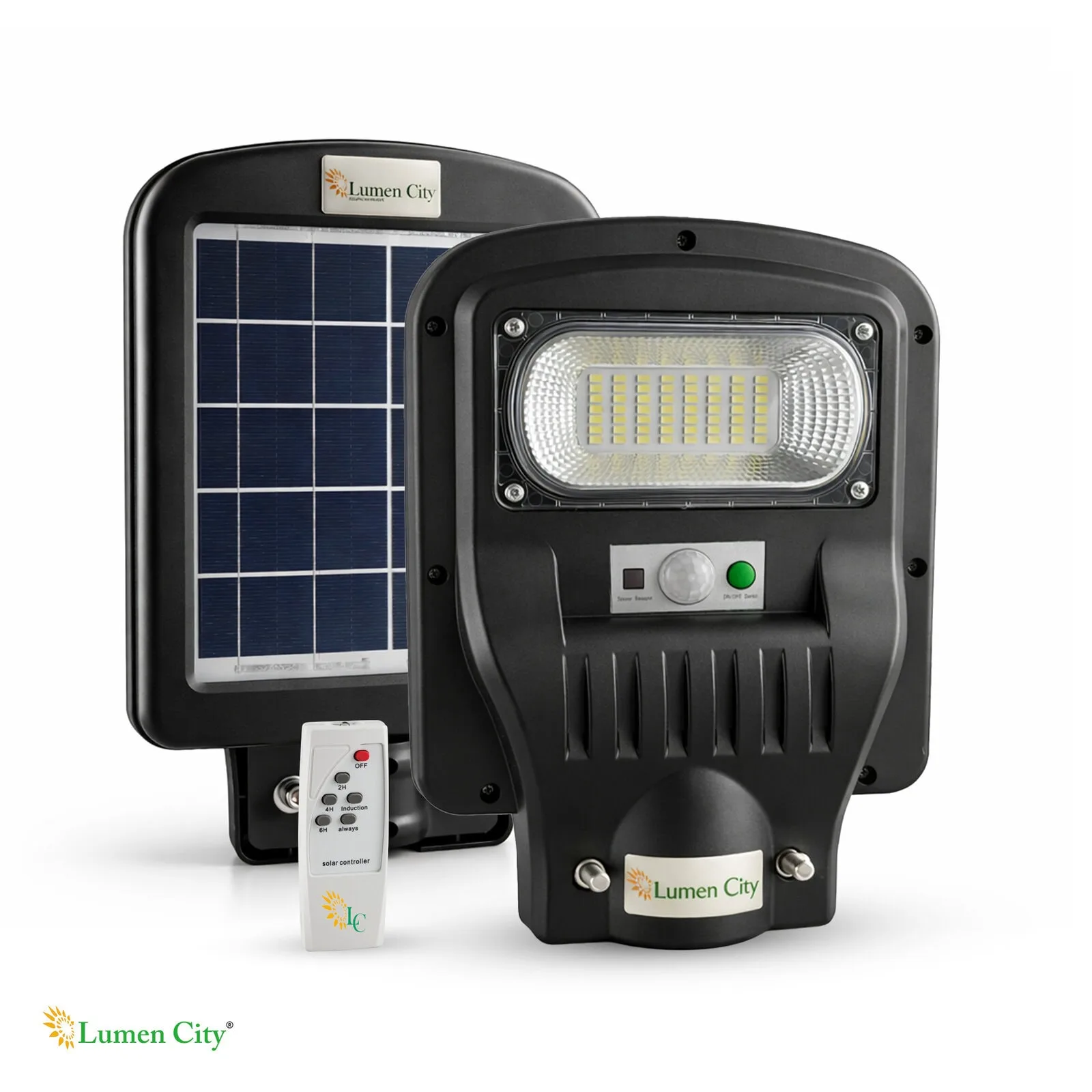 LED solar street light with remote control from Lumen City, eco-friendly outdoor lighting solution.