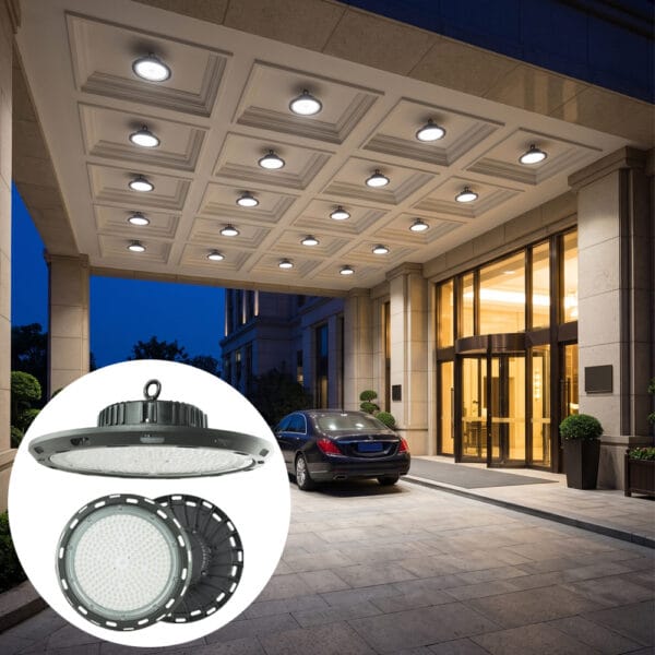 UFO Highbay Light 100 watt pro installed on a hotel entrance