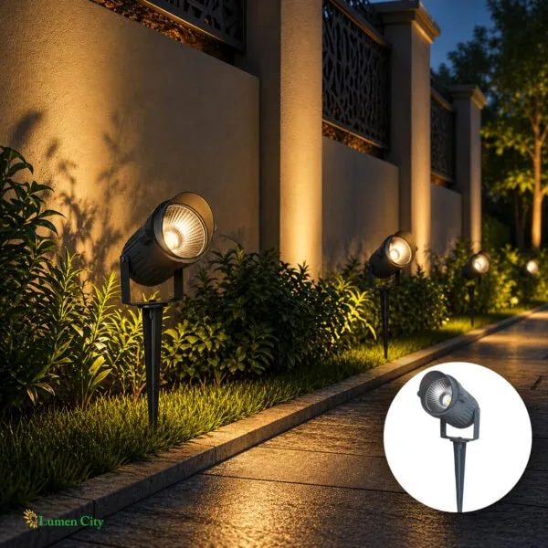 Modern outdoor landscape lighting with LED spotlights illuminating garden pathway at night.