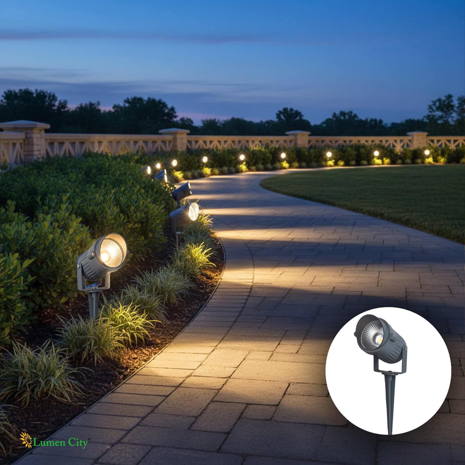 Modern outdoor pathway lighting with LED fixtures illuminating a garden path at dusk.