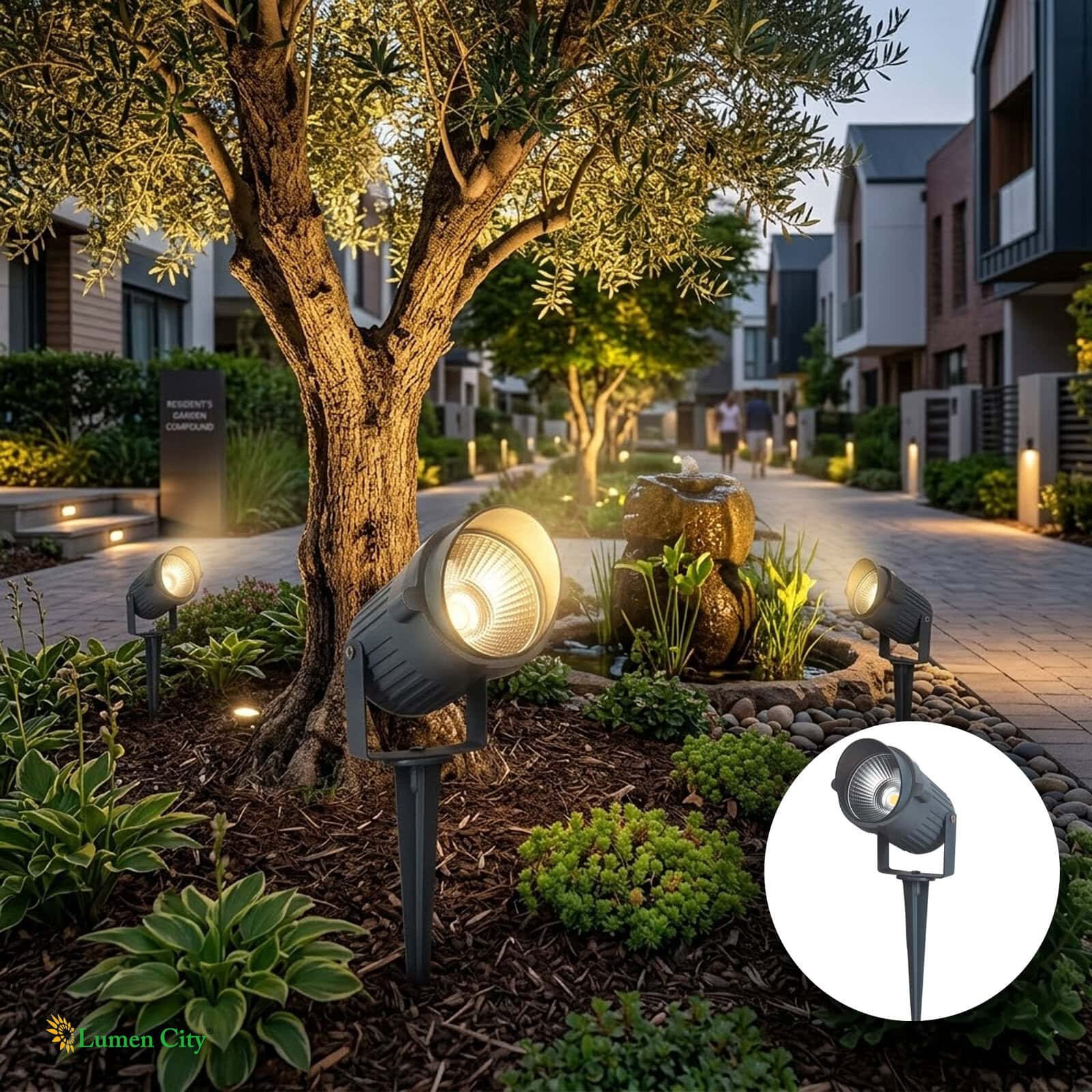 Energy-efficient garden spotlight illuminating lush greenery and trees.