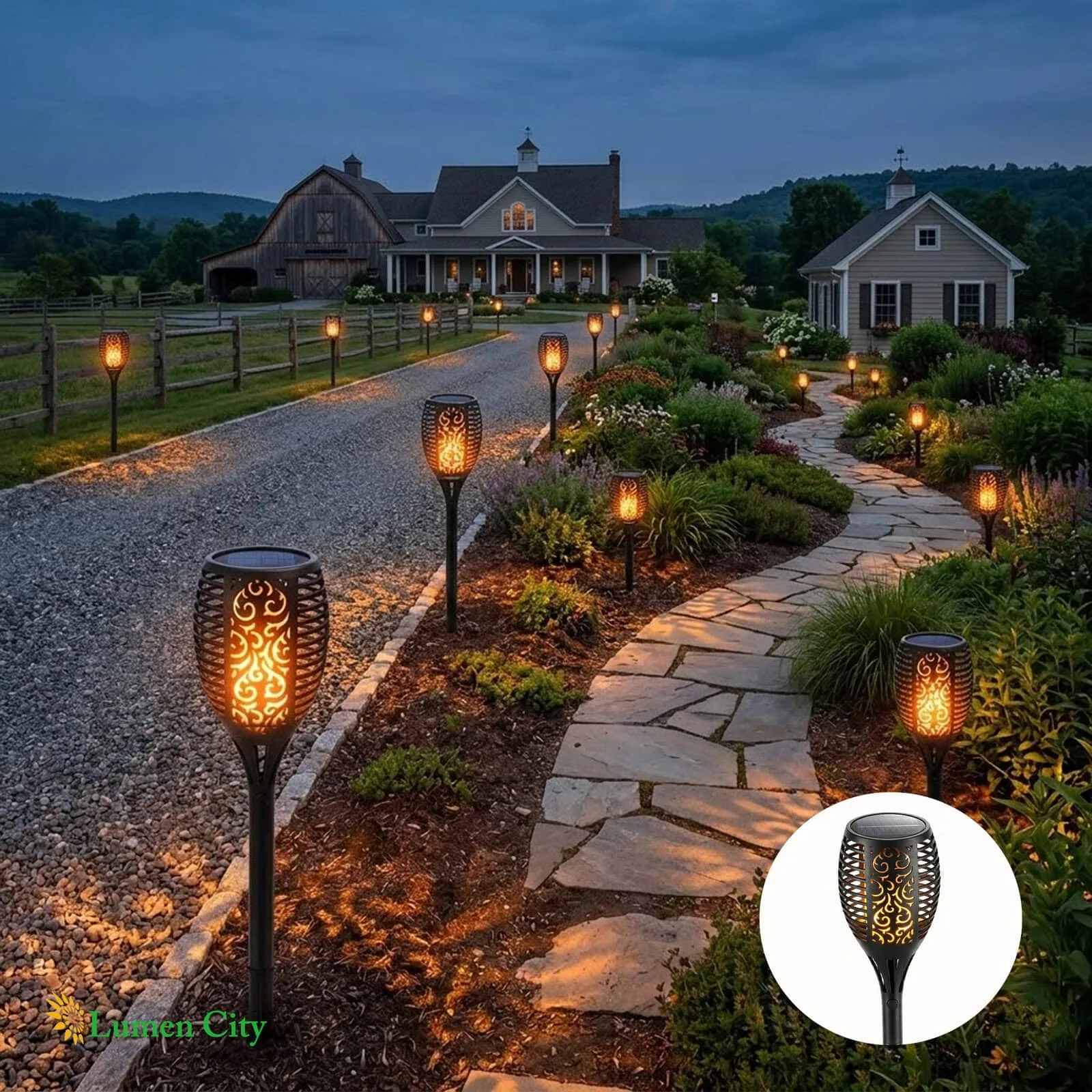 Beautiful illuminated garden pathway with decorative lanterns at dusk.