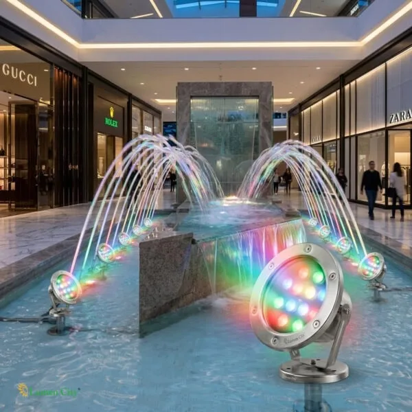 LED water fountain with colorful lights in a modern shopping mall, showcasing vibrant illumination a.