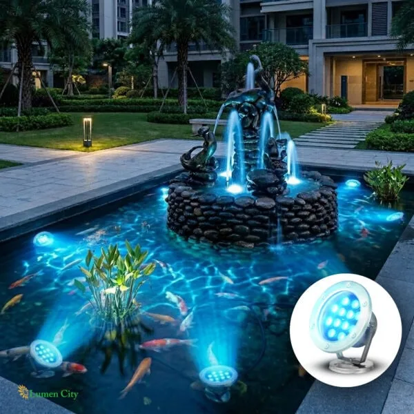 Modern outdoor fountain with LED lighting in a landscaped residential area.