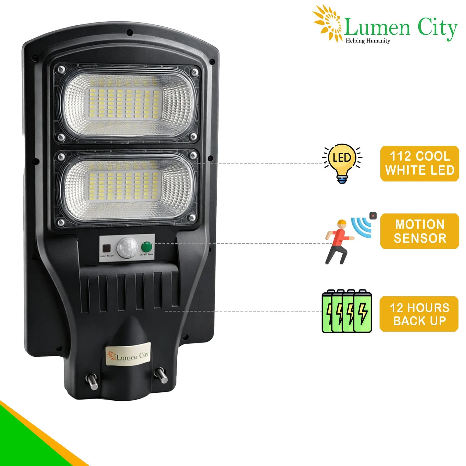 Energy-efficient LED street light with motion sensor and 12-hour backup for enhanced safety and reli.