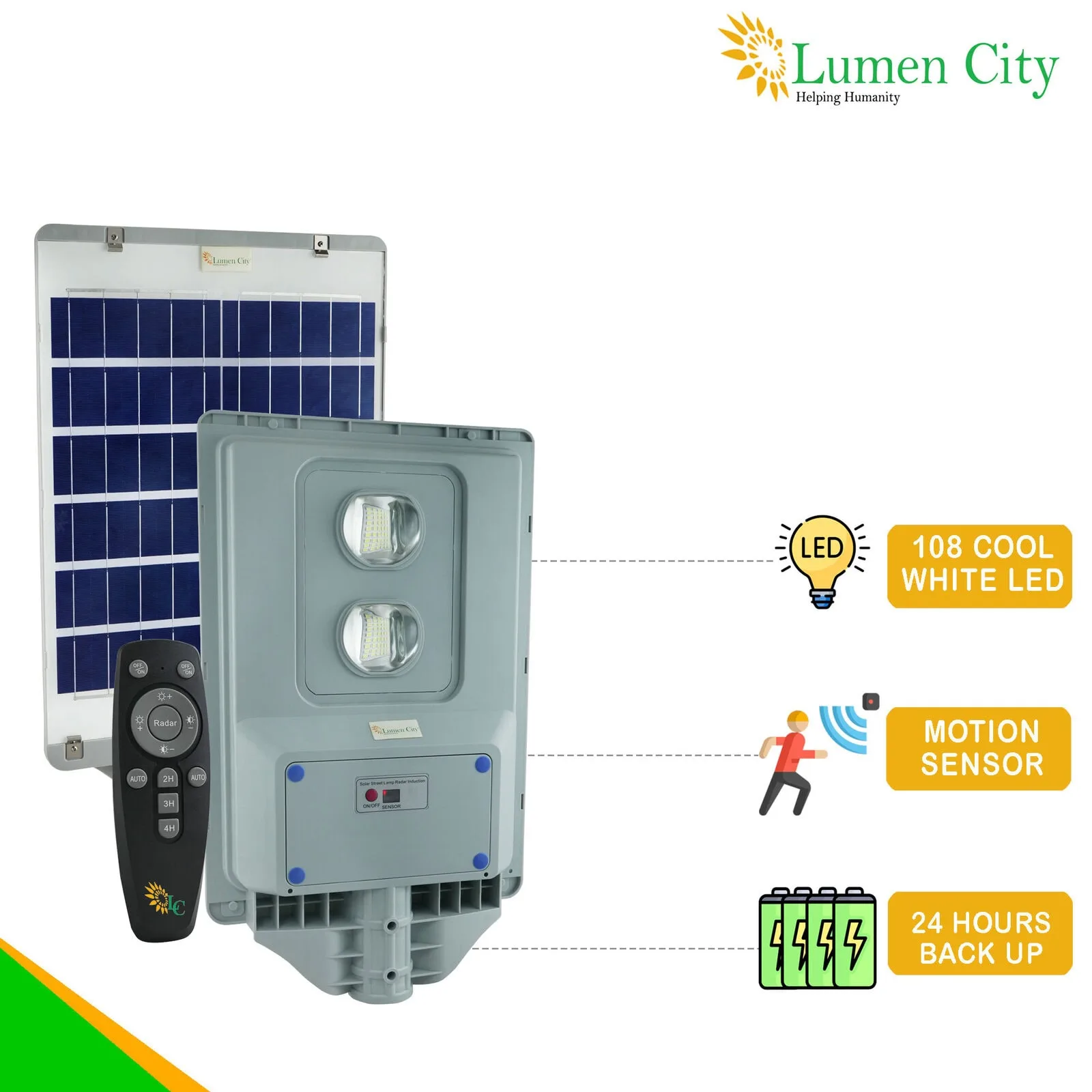 Solar-powered LED light with motion sensor and backup battery from Lumencity.
