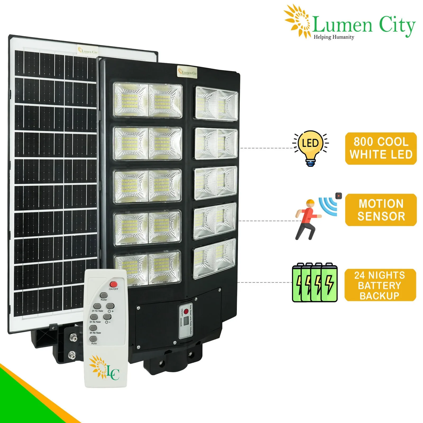 Energy-efficient solar-powered LED floodlight with motion sensor and backup battery, ideal for outdo.