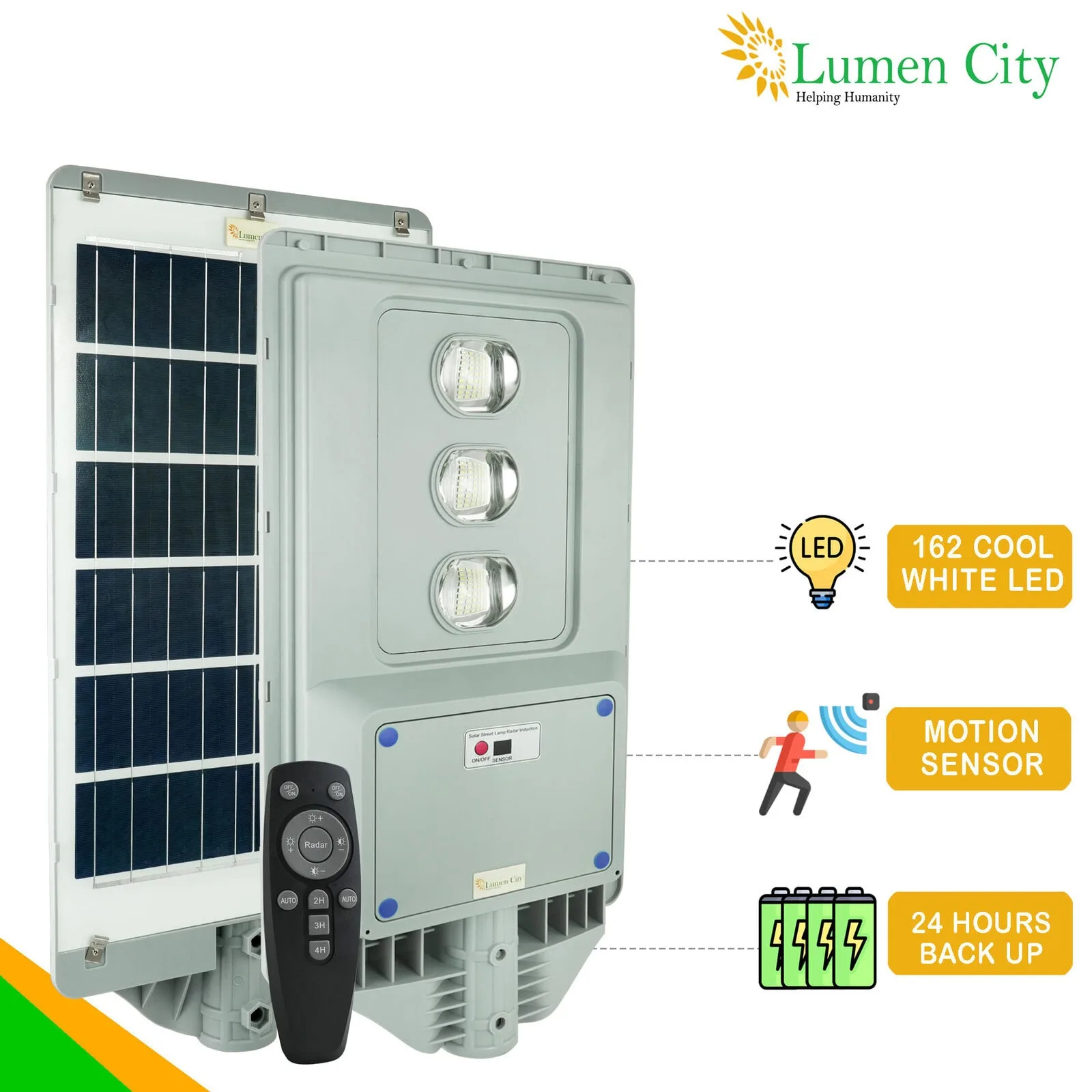 Energy-efficient solar-powered LED street light with motion sensor and backup battery from Lumencity.