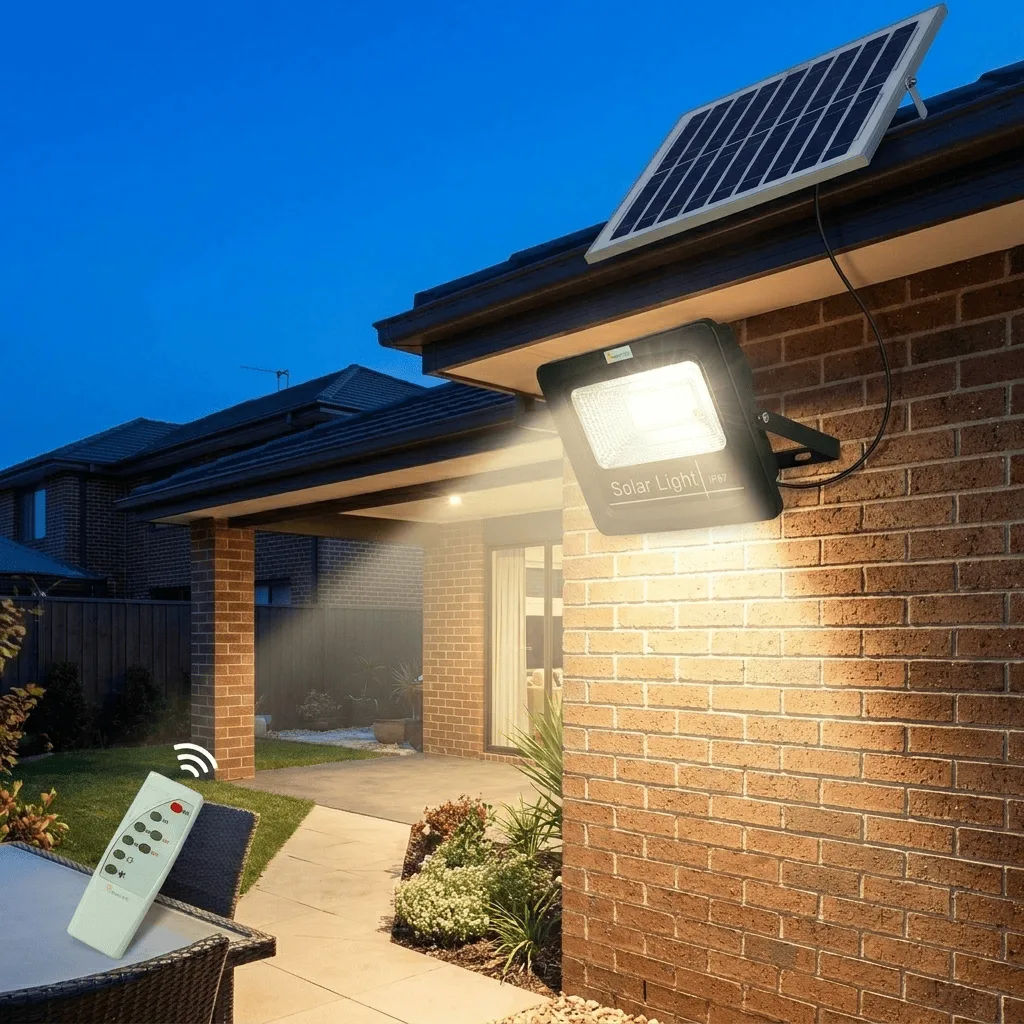 8 Watt Solar Powered Flood Security Light Installed Outside Home