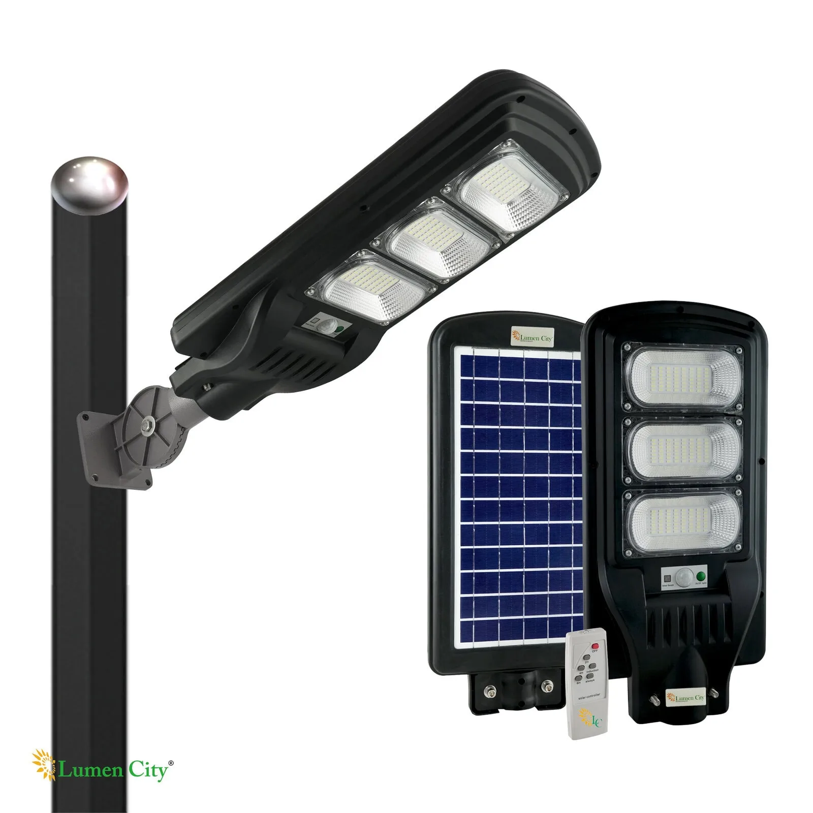 LED street lighting with solar panel and remote control, energy-efficient outdoor illumination.