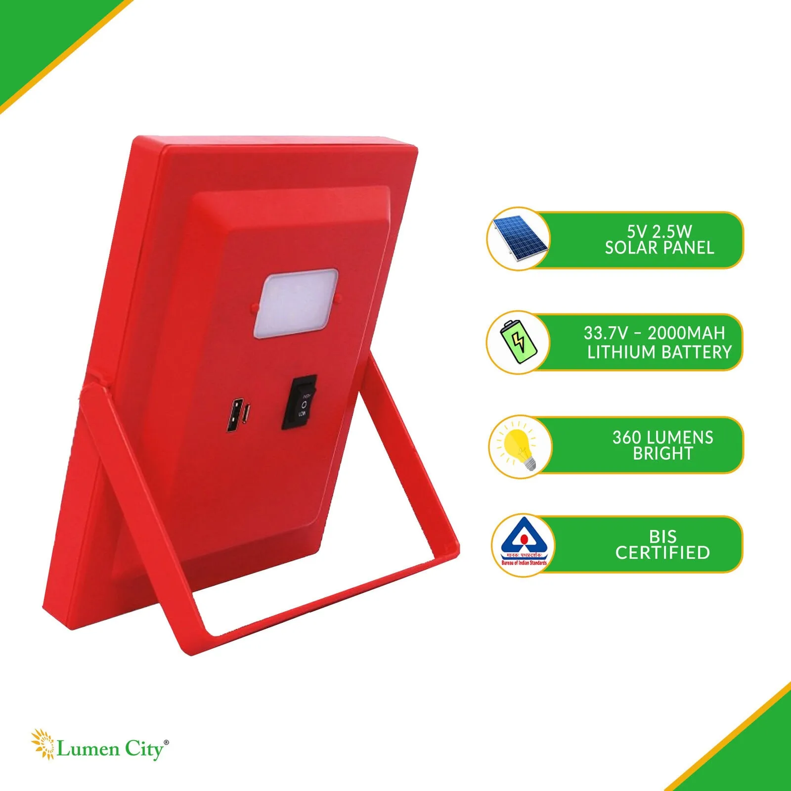 Bright red solar-powered emergency LED light with lithium battery and BIS certification.