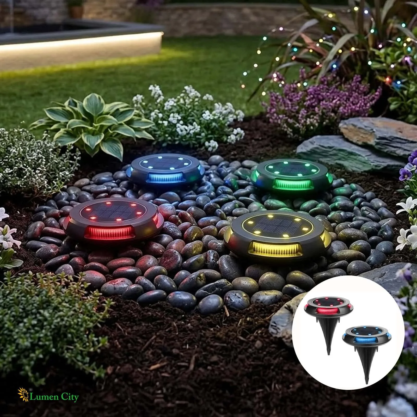 LED garden lights with colorful illumination on decorative stones in a landscaped outdoor setting.