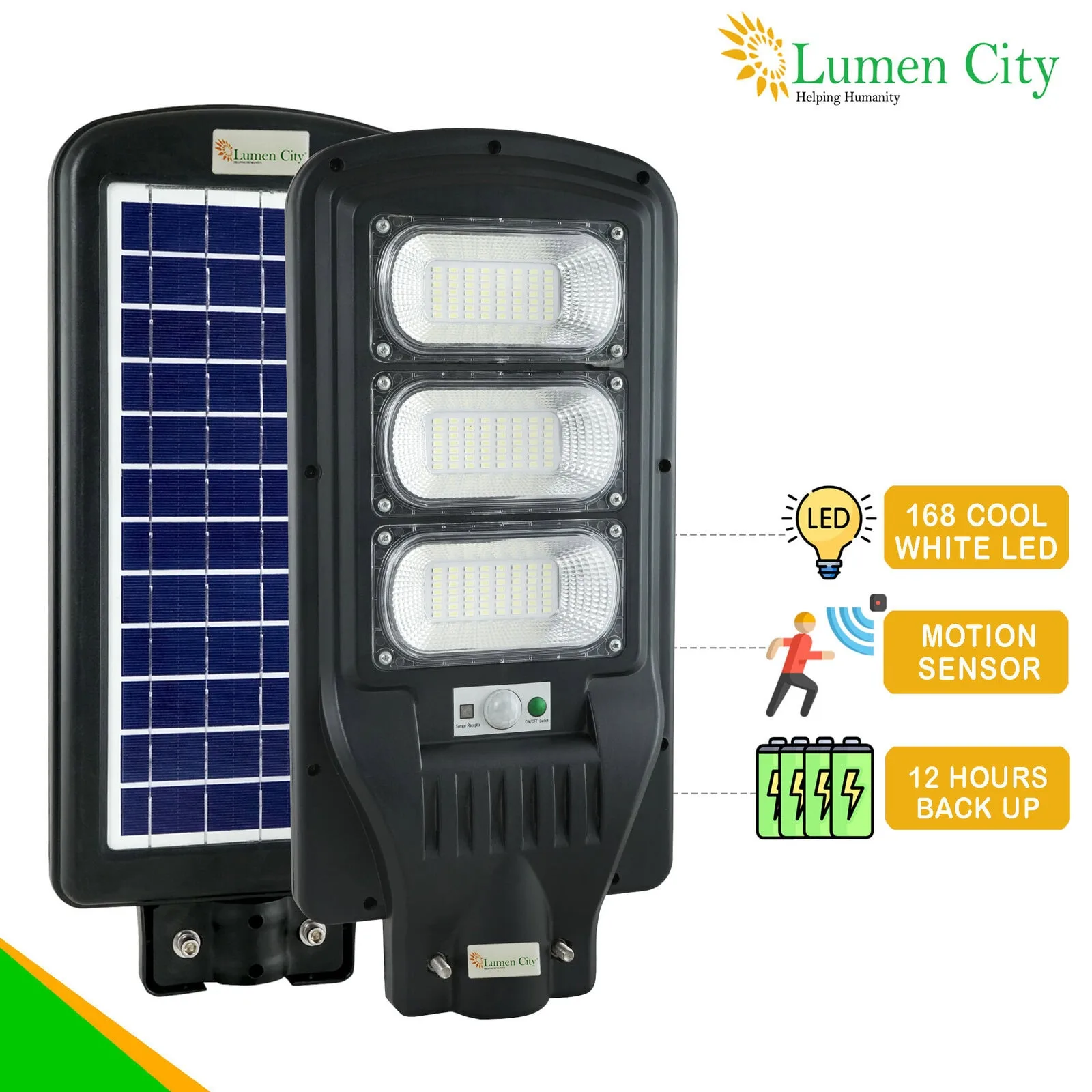 LED solar street light with motion sensor, 12-hour backup, and 168 cool white LEDs.
