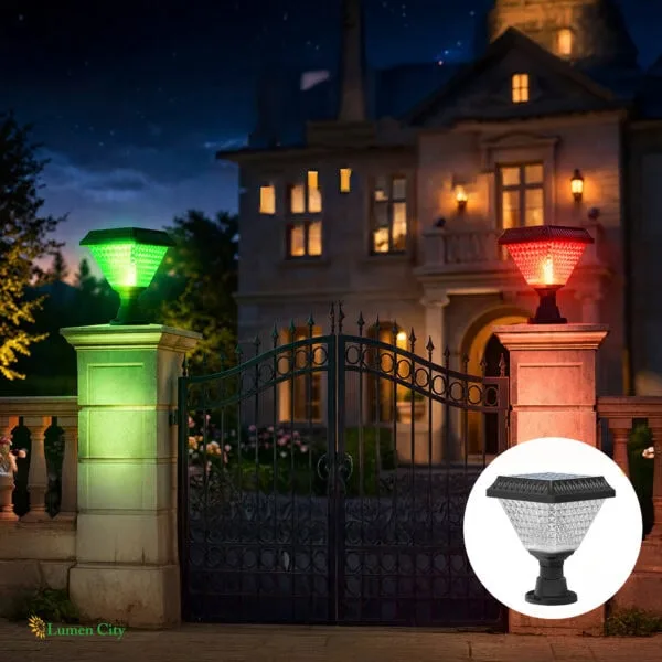 LED garden lights illuminating the entrance of a luxurious house at night.
