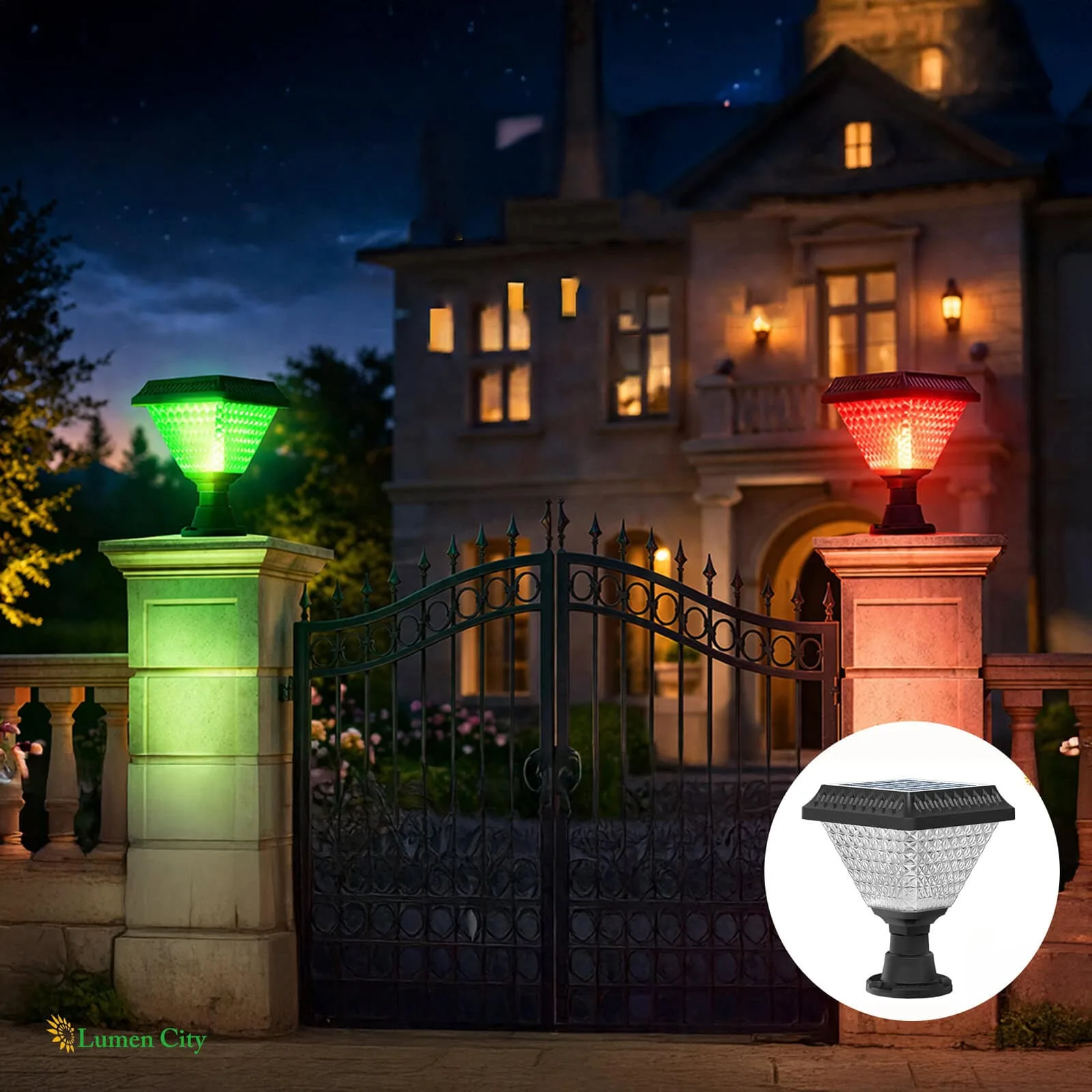 LED garden lights illuminating the entrance of a luxurious house at night.