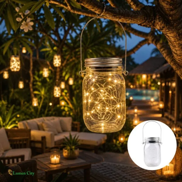 String lights in a mason jar hanging outdoors at night, creating a cozy and enchanting ambiance.