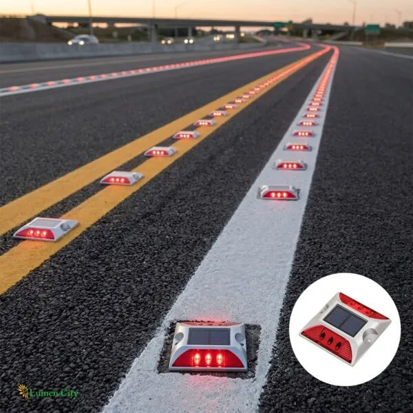 LED road lane markers for traffic safety and guidance, illuminated on asphalt highway at dusk.