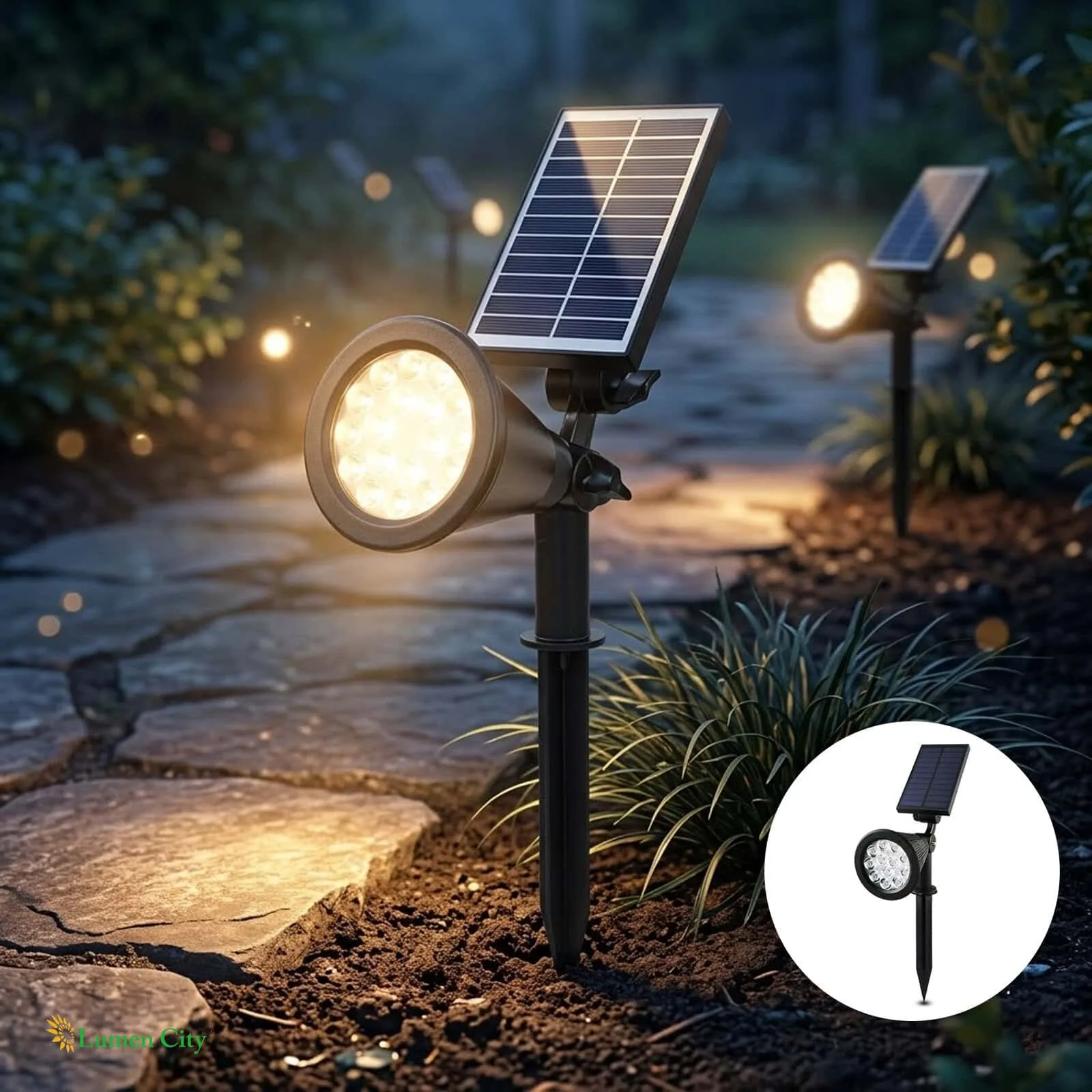 Solar-powered outdoor garden light with LED and solar panel for energy-efficient illumination.