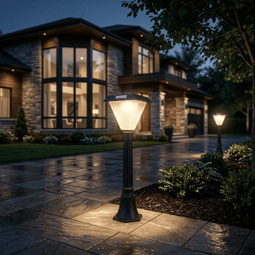 SOlar Powered Garden Bollard Light Installed in the Garden illuminating in Night