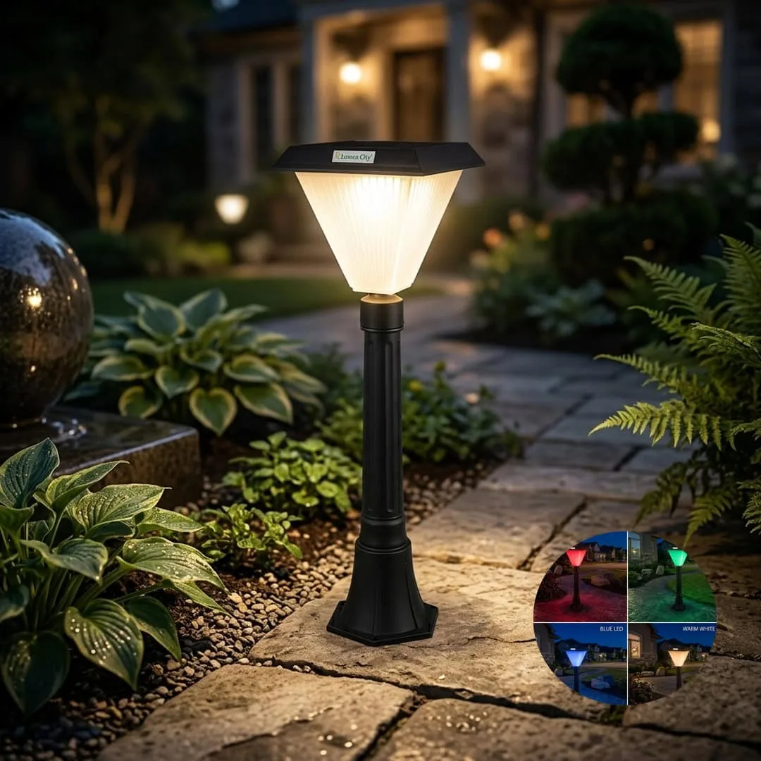 Solar Powered Garden Post Lamp Glowing in the Night installed in a garden