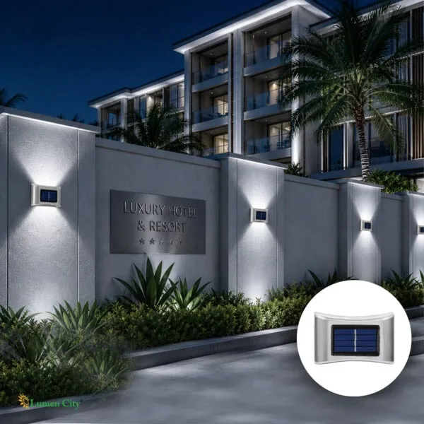Energy-efficient solar-powered outdoor wall light illuminating the luxury hotel entrance at night.