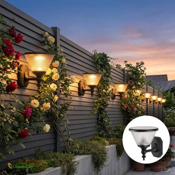 Bright outdoor wall-mounted garden lights with floral decor at dusk.