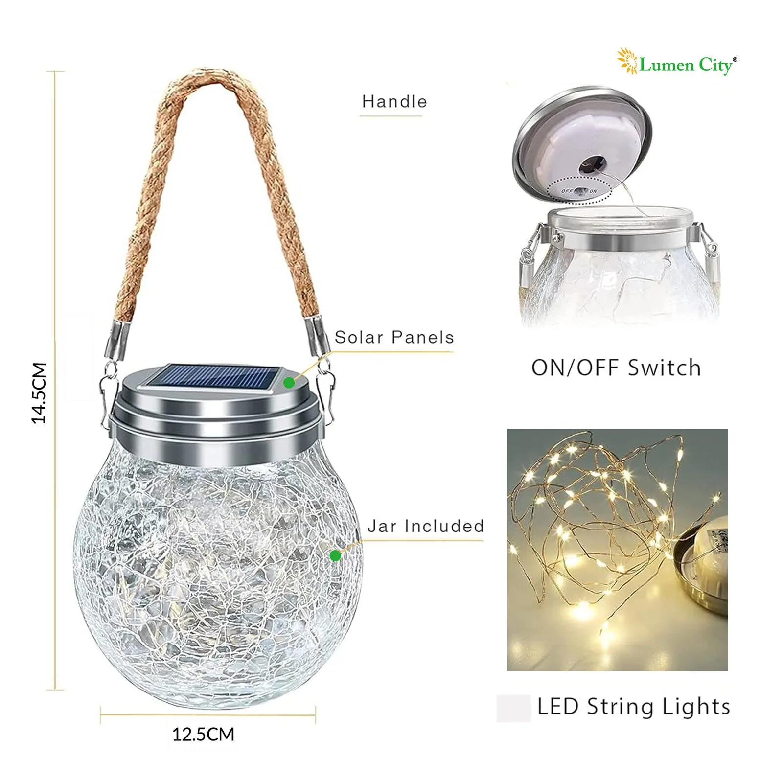 Solar Hanging Jar Light – Crackle Glass | 32 LED | IP65 - Image 3