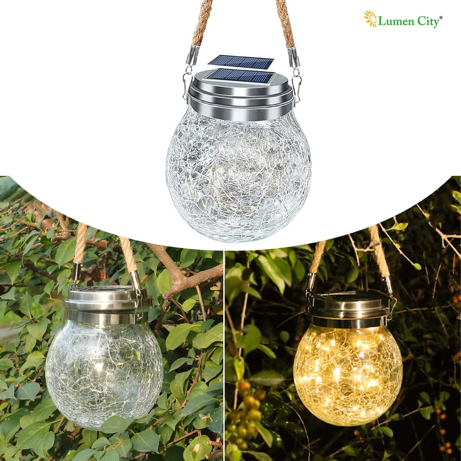 Solar Hanging Jar Light – Crackle Glass | 32 LED | IP65 - Image 5