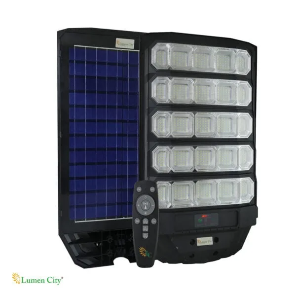 Solar LED street light with remote control and multiple LED panels for energy-efficient outdoor ligh.