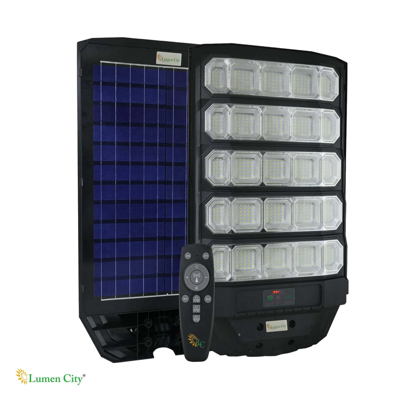 Solar LED street light with remote control and multiple LED panels for energy-efficient outdoor ligh.